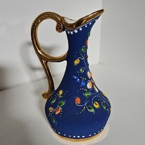 ELPA Alcobaca Portugal Pottery Hand Painted Blue Pitcher/Vase w/Enamel Florals